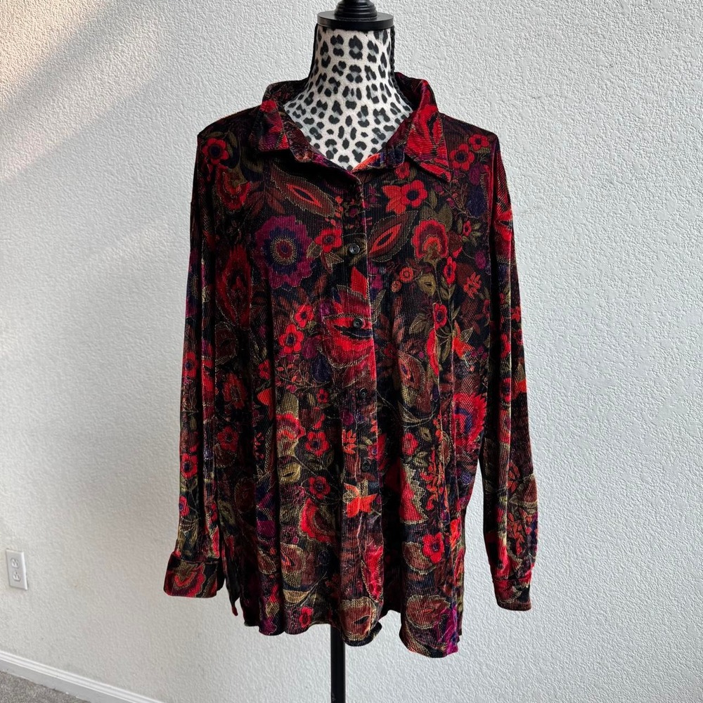 Cactus flower vintage multicolored floral corduroy dazzled button-up blouse